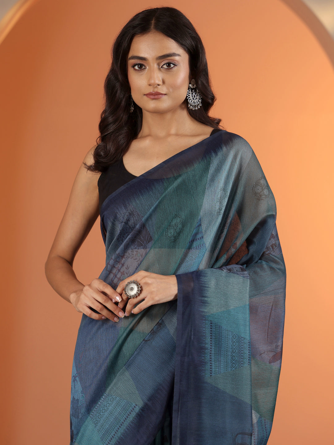  Blue Printed Silk Blend Saree With Unstitched Blouse Piece 
