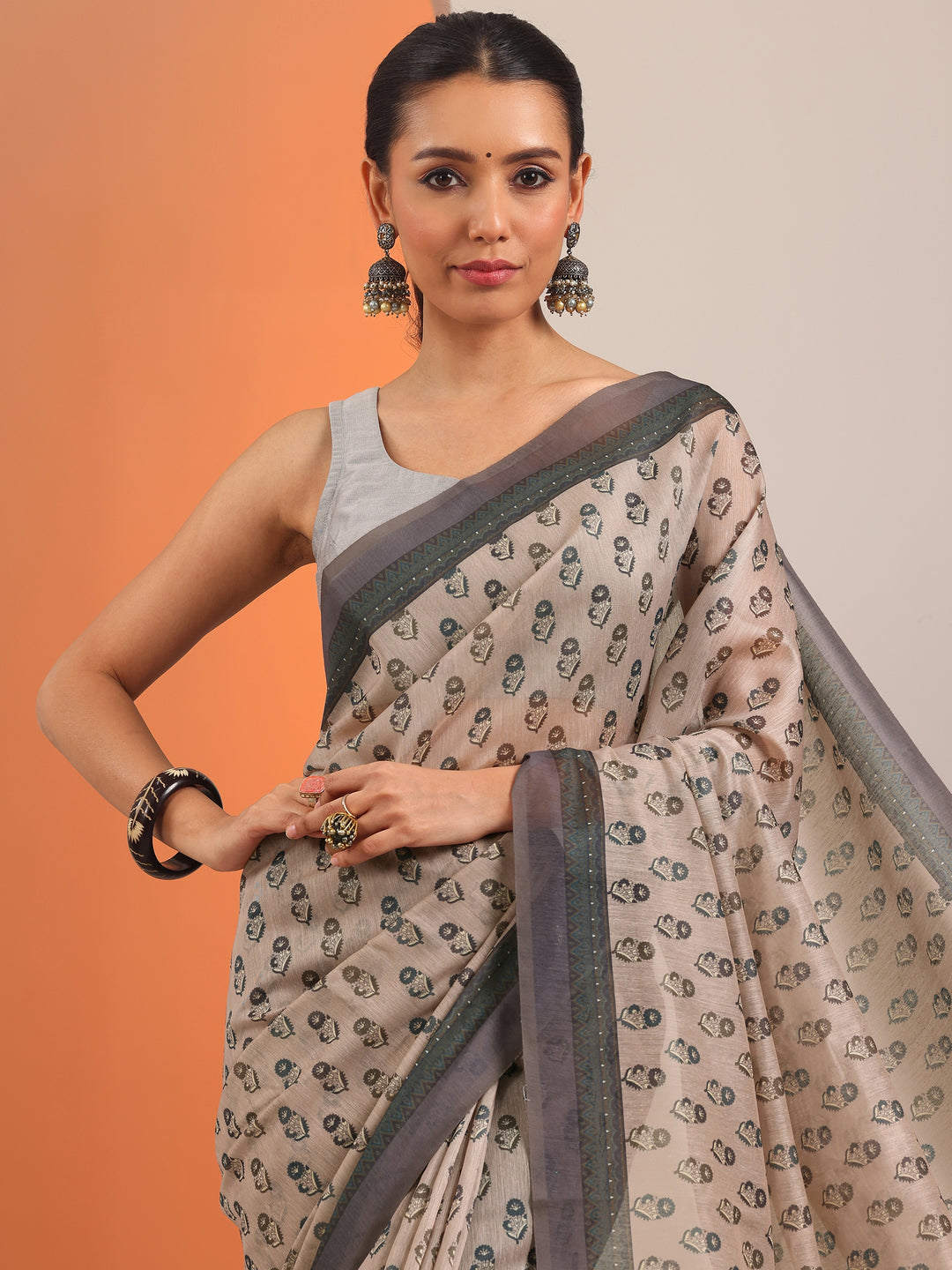  Taupe Printed Silk Blend Saree With Unstitched Blouse Piece 