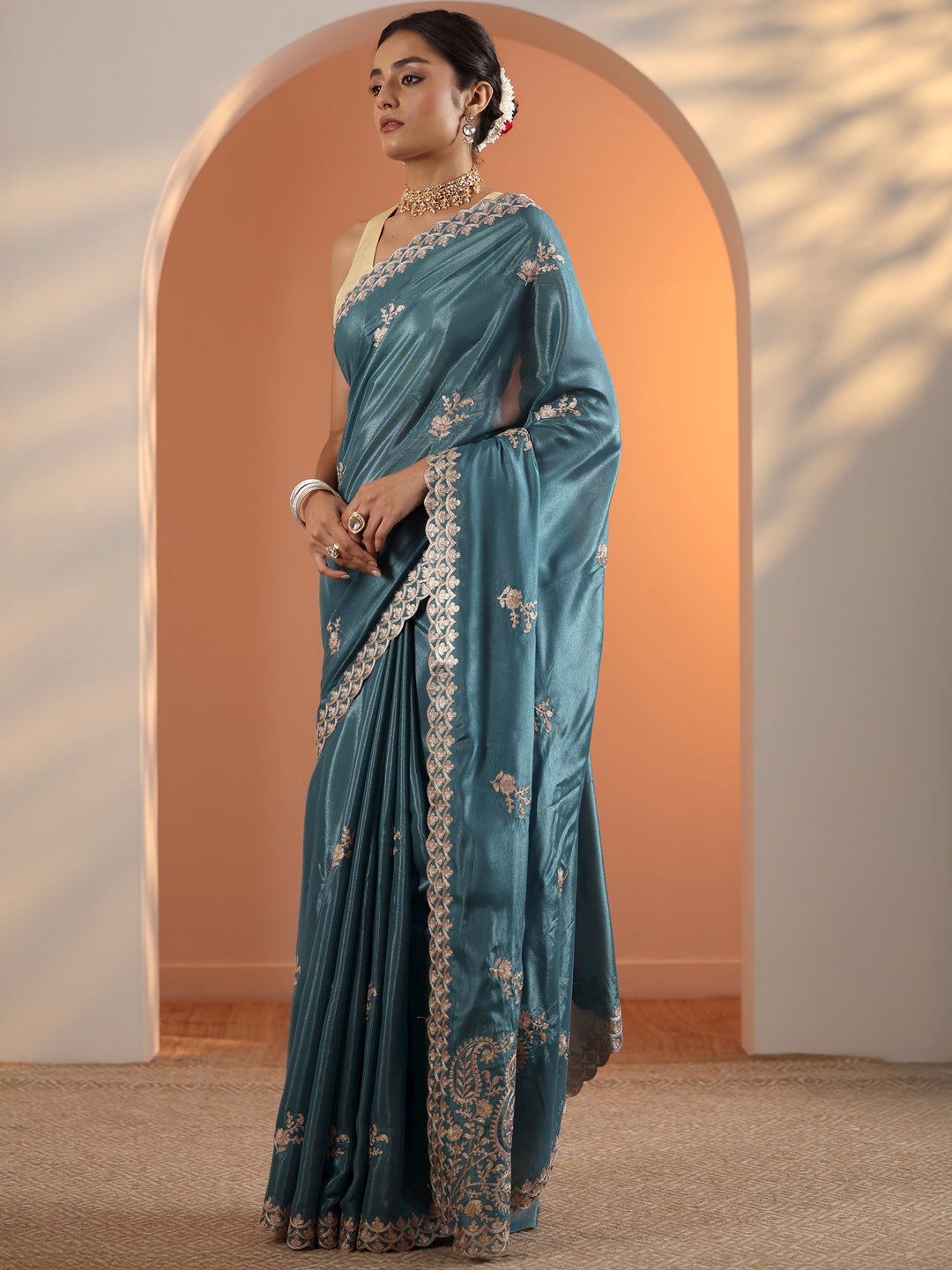  Blue Embroidered Silk Blend Saree With Unstitched Blouse Piece 