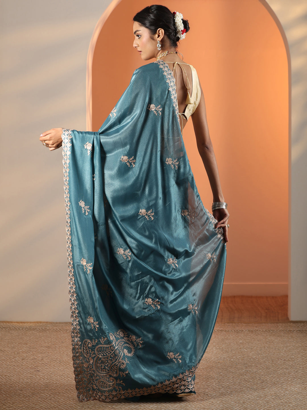  Blue Embroidered Silk Blend Saree With Unstitched Blouse Piece 