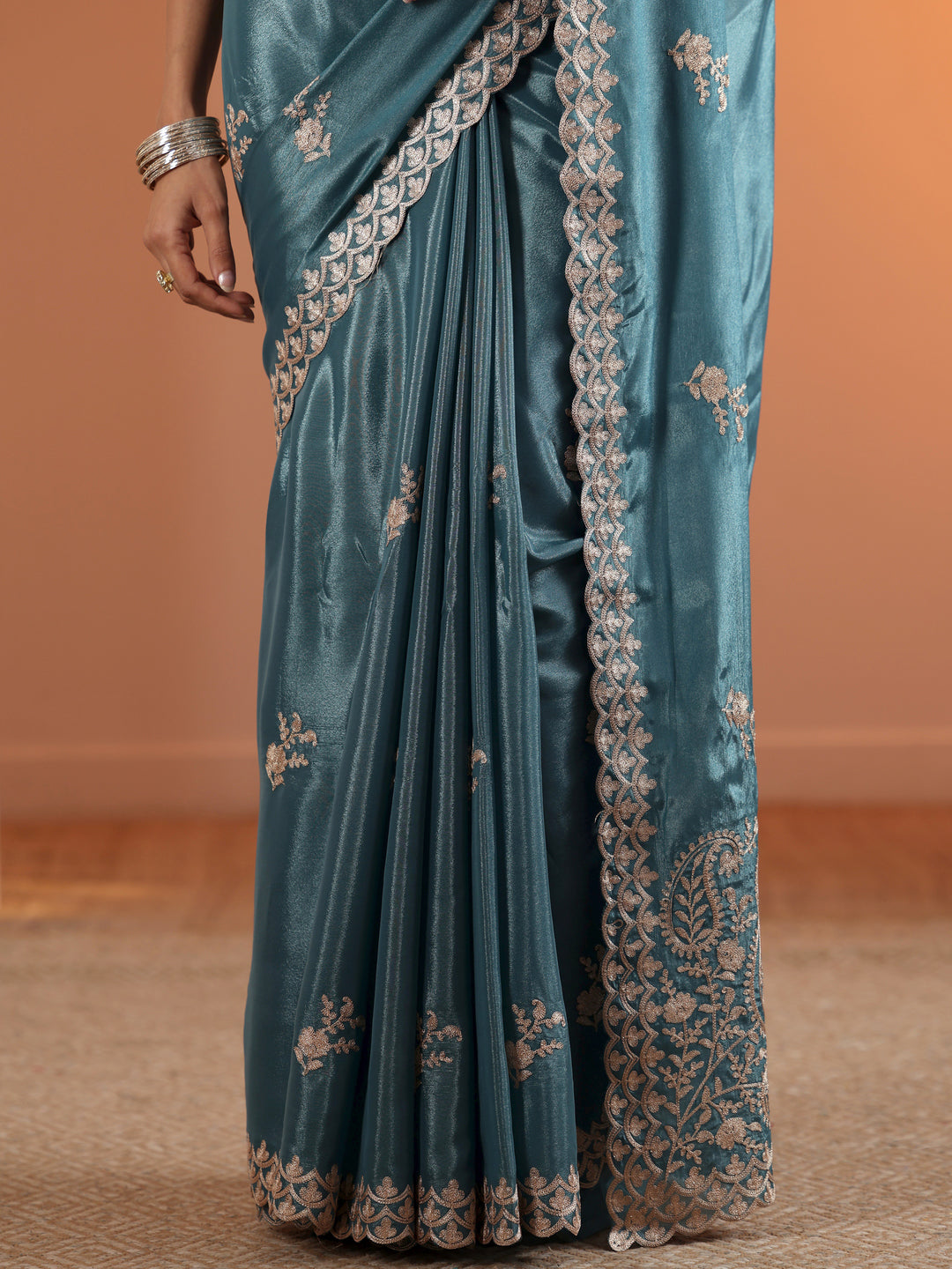  Blue Embroidered Silk Blend Saree With Unstitched Blouse Piece 
