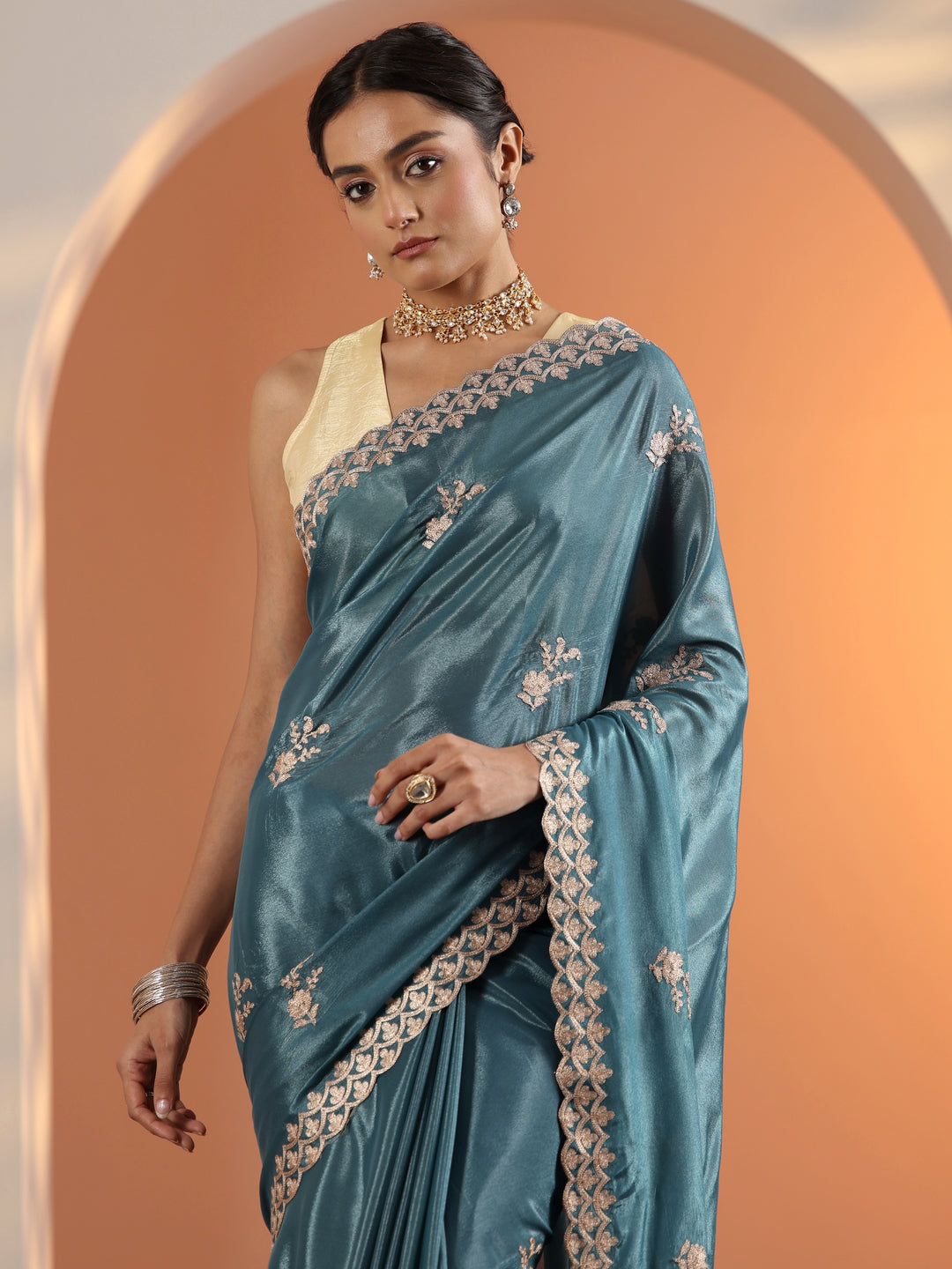  Blue Embroidered Silk Blend Saree With Unstitched Blouse Piece 