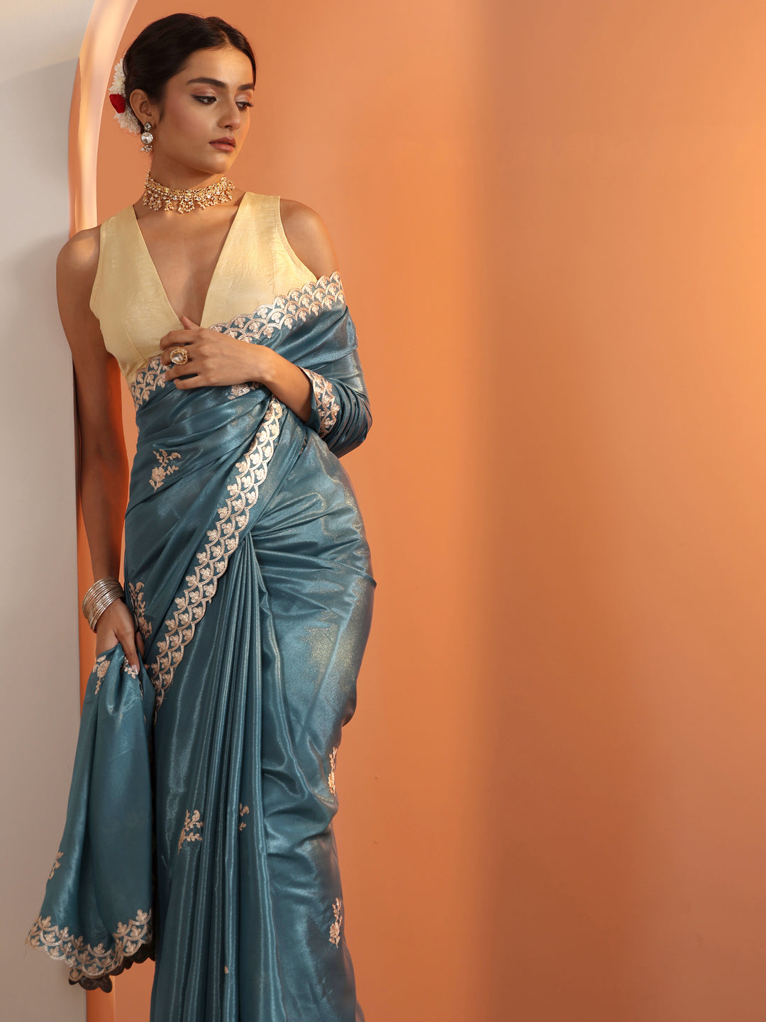  Blue Embroidered Silk Blend Saree With Unstitched Blouse Piece 