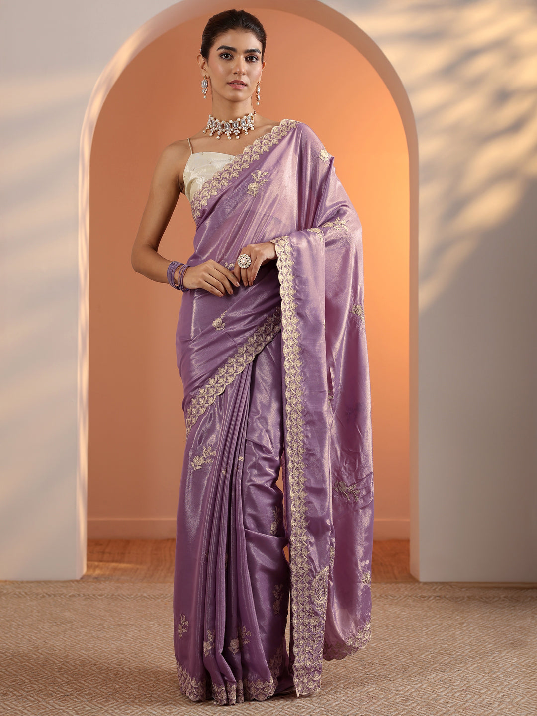  Lavender Embroidered Silk Blend Saree With Unstitched Blouse Piece 