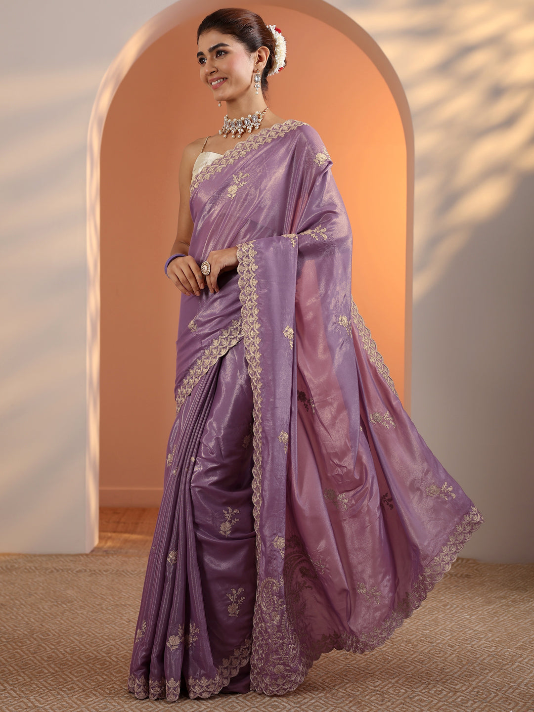  Lavender Embroidered Silk Blend Saree With Unstitched Blouse Piece 