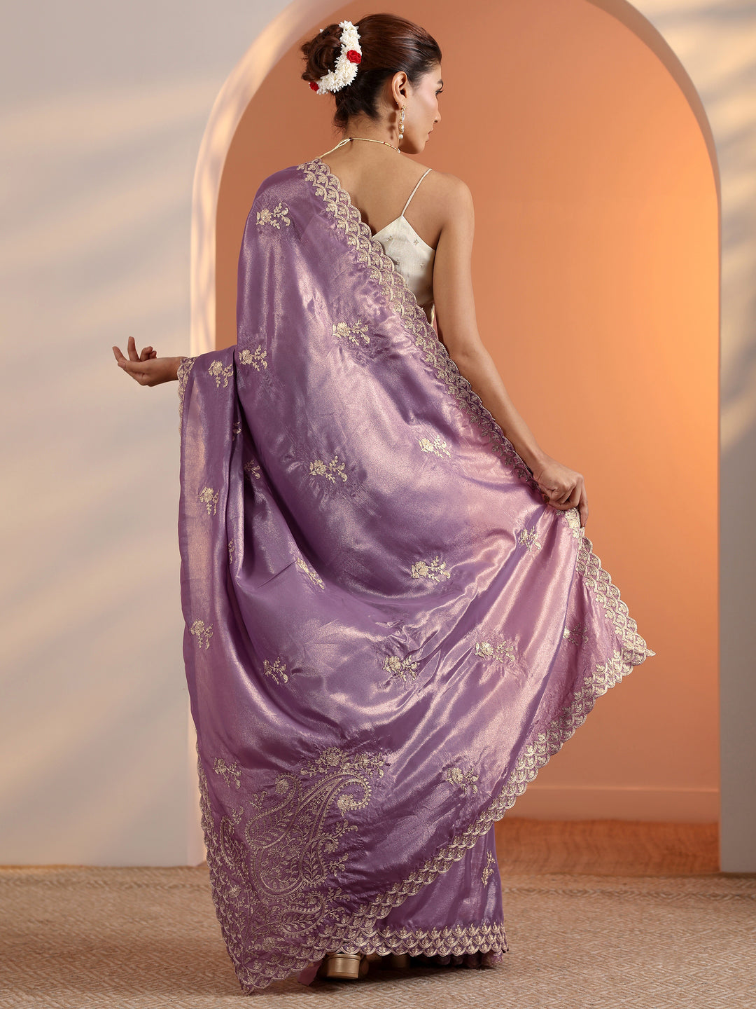  Lavender Embroidered Silk Blend Saree With Unstitched Blouse Piece 