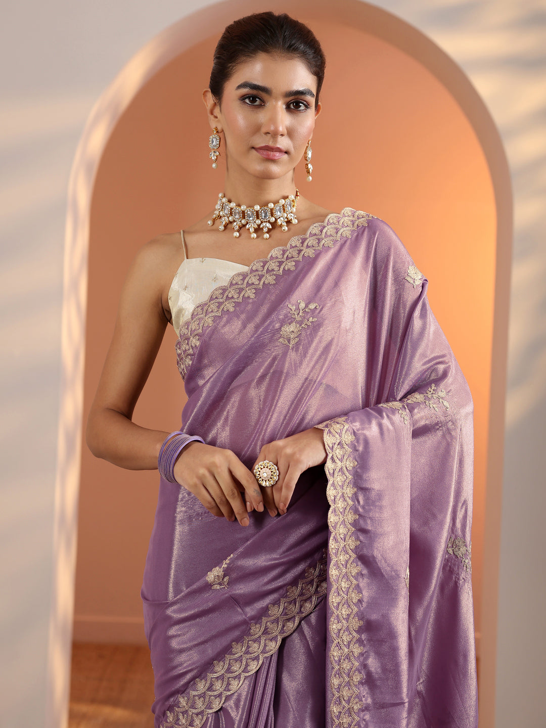  Lavender Embroidered Silk Blend Saree With Unstitched Blouse Piece 