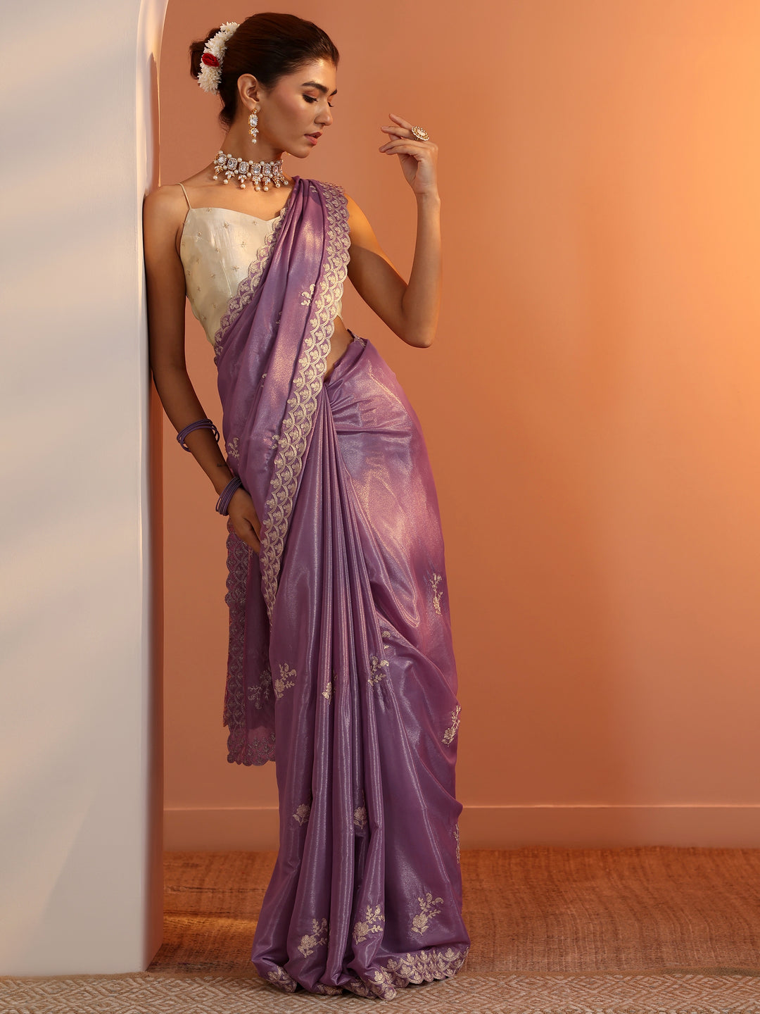  Lavender Embroidered Silk Blend Saree With Unstitched Blouse Piece 