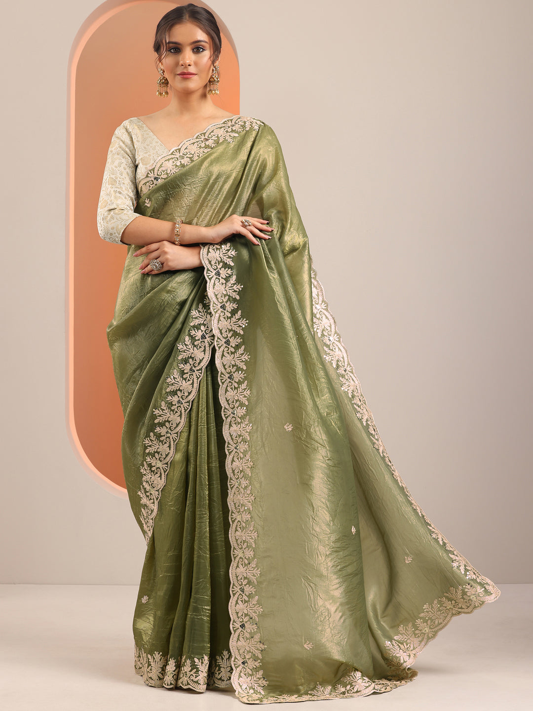  Olive Embroidered Organza Saree With Unstitched Blouse Piece 