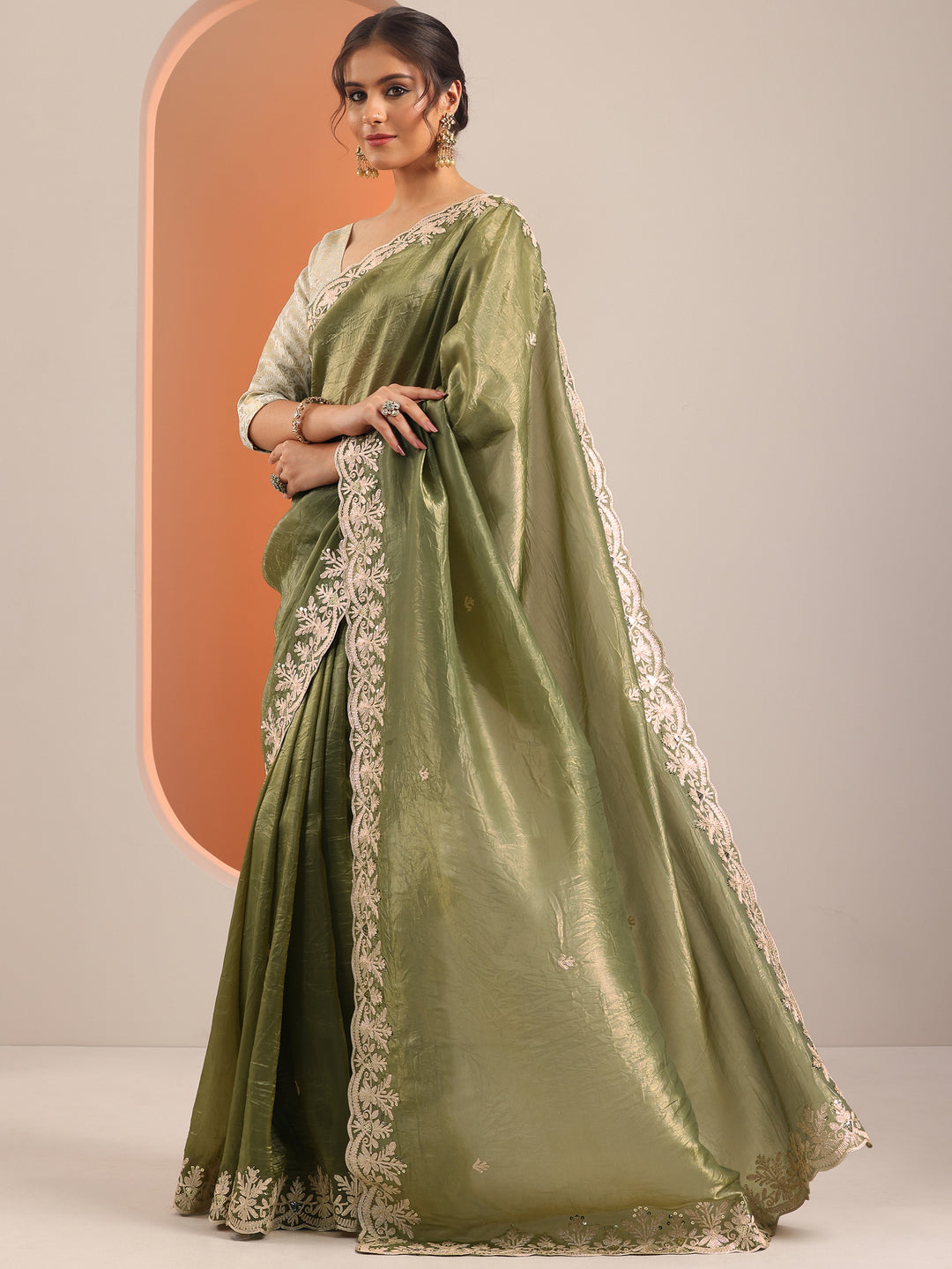  Olive Embroidered Organza Saree With Unstitched Blouse Piece 