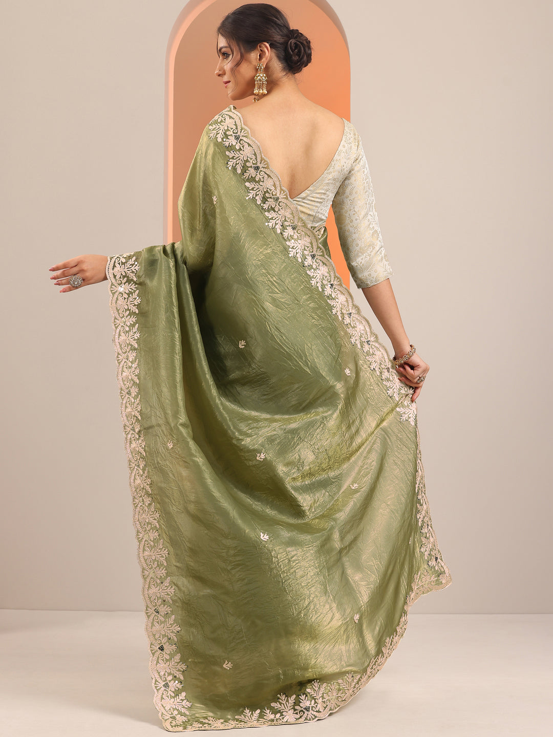  Olive Embroidered Organza Saree With Unstitched Blouse Piece 
