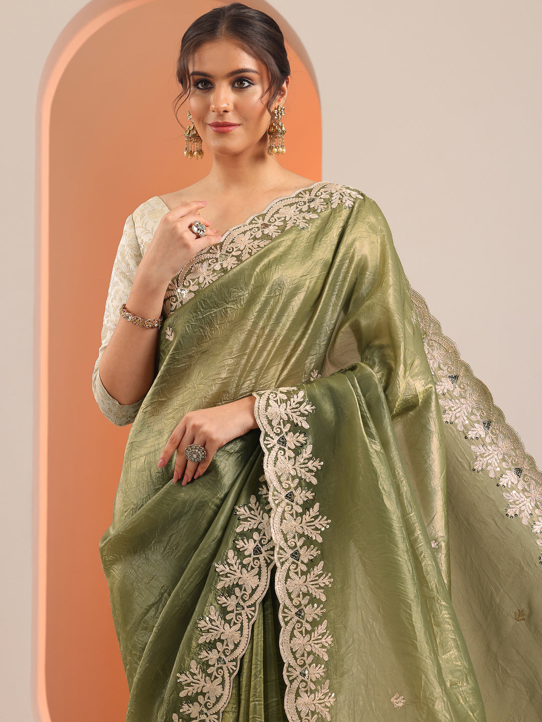  Olive Embroidered Organza Saree With Unstitched Blouse Piece 