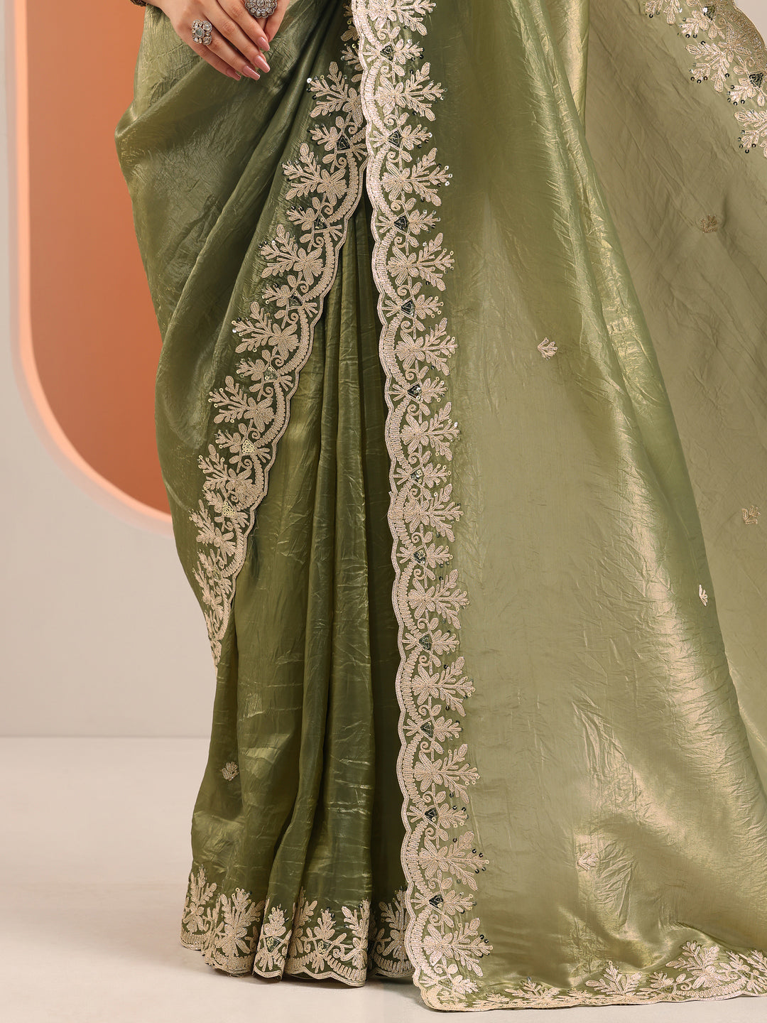  Olive Embroidered Organza Saree With Unstitched Blouse Piece 