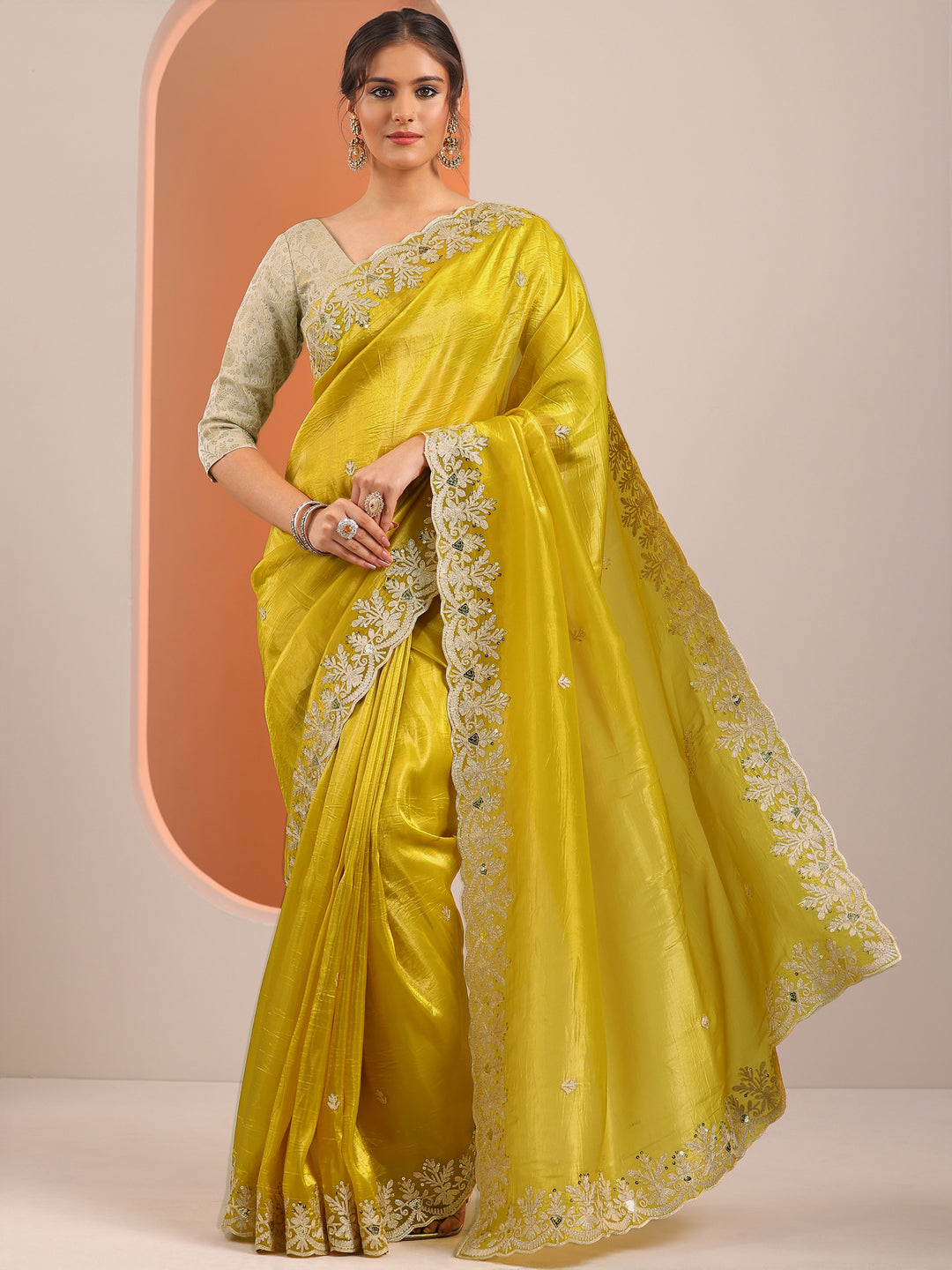  Yellow Embroidered Organza Saree With Unstitched Blouse Piece 