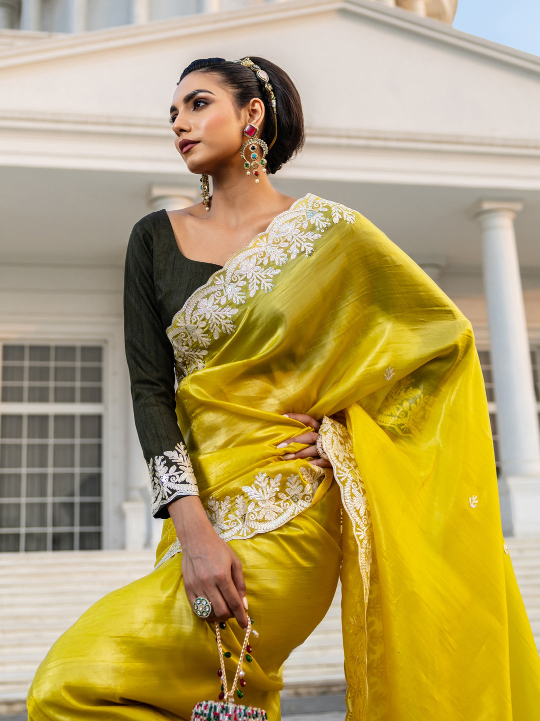  Yellow Embroidered Organza Saree With Unstitched Blouse Piece 