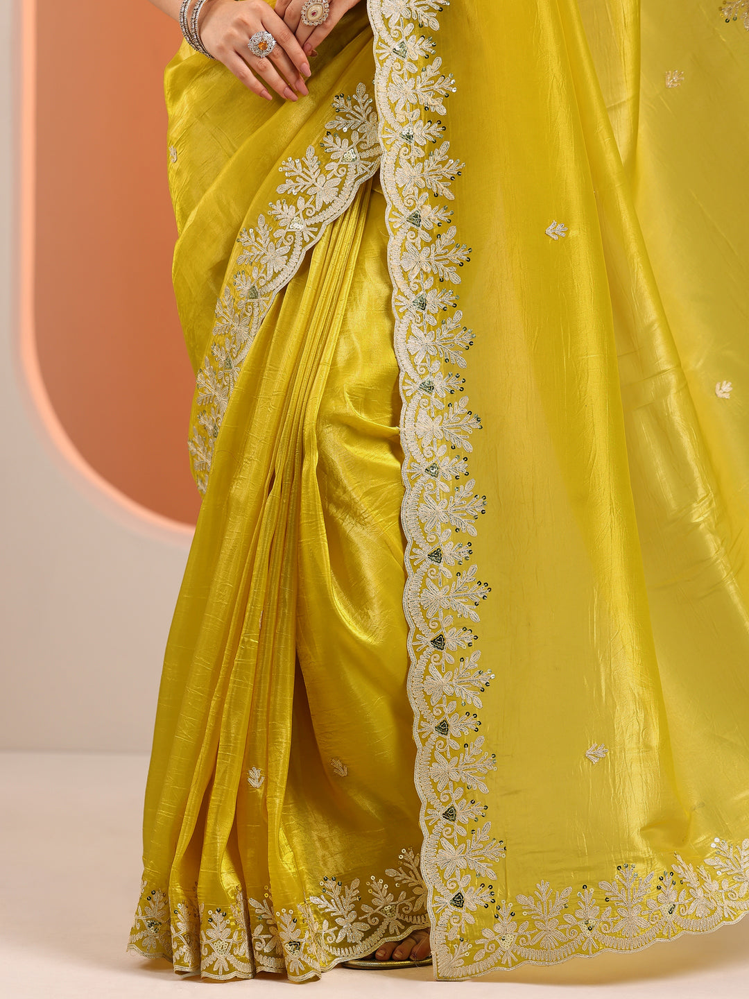  Yellow Embroidered Organza Saree With Unstitched Blouse Piece 