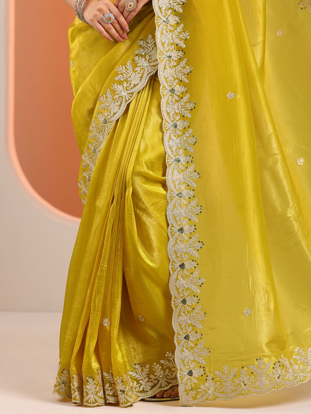  Yellow Embroidered Organza Saree With Unstitched Blouse Piece 