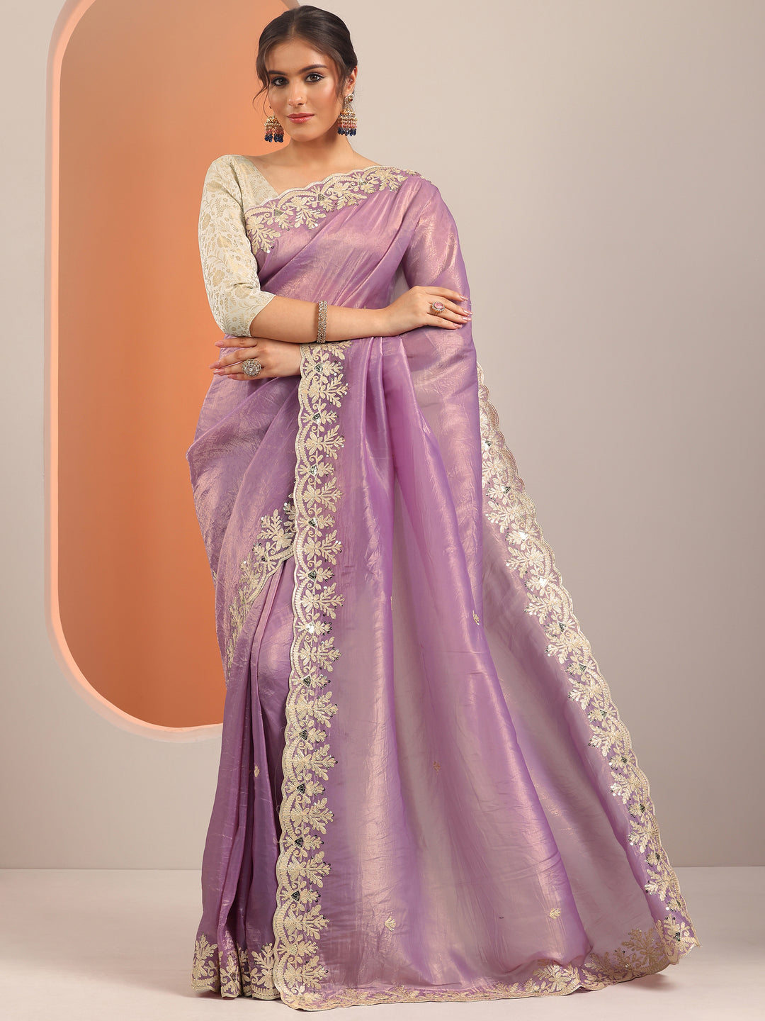  Lavender Embroidered Organza Saree With Unstitched Blouse Piece 