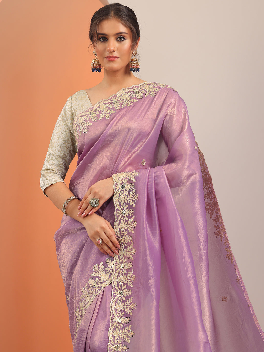  Lavender Embroidered Organza Saree With Unstitched Blouse Piece 
