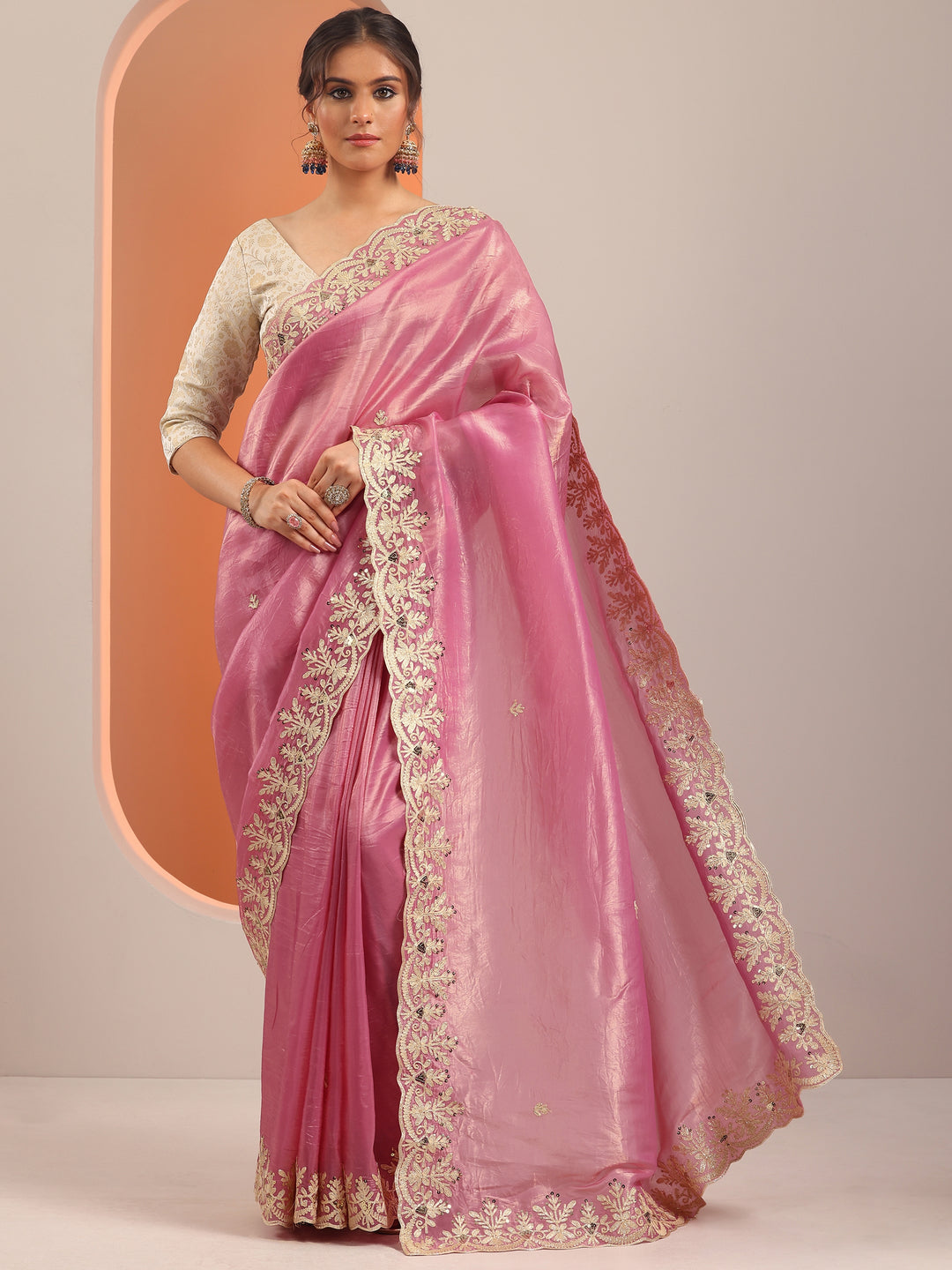  Pink Embroidered Organza Saree With Unstitched Blouse Piece 