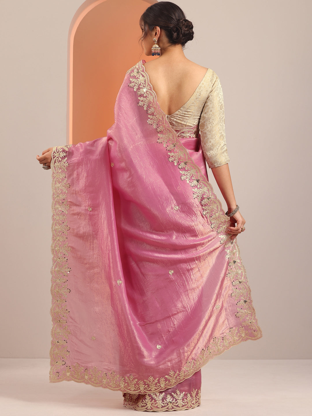  Pink Embroidered Organza Saree With Unstitched Blouse Piece 