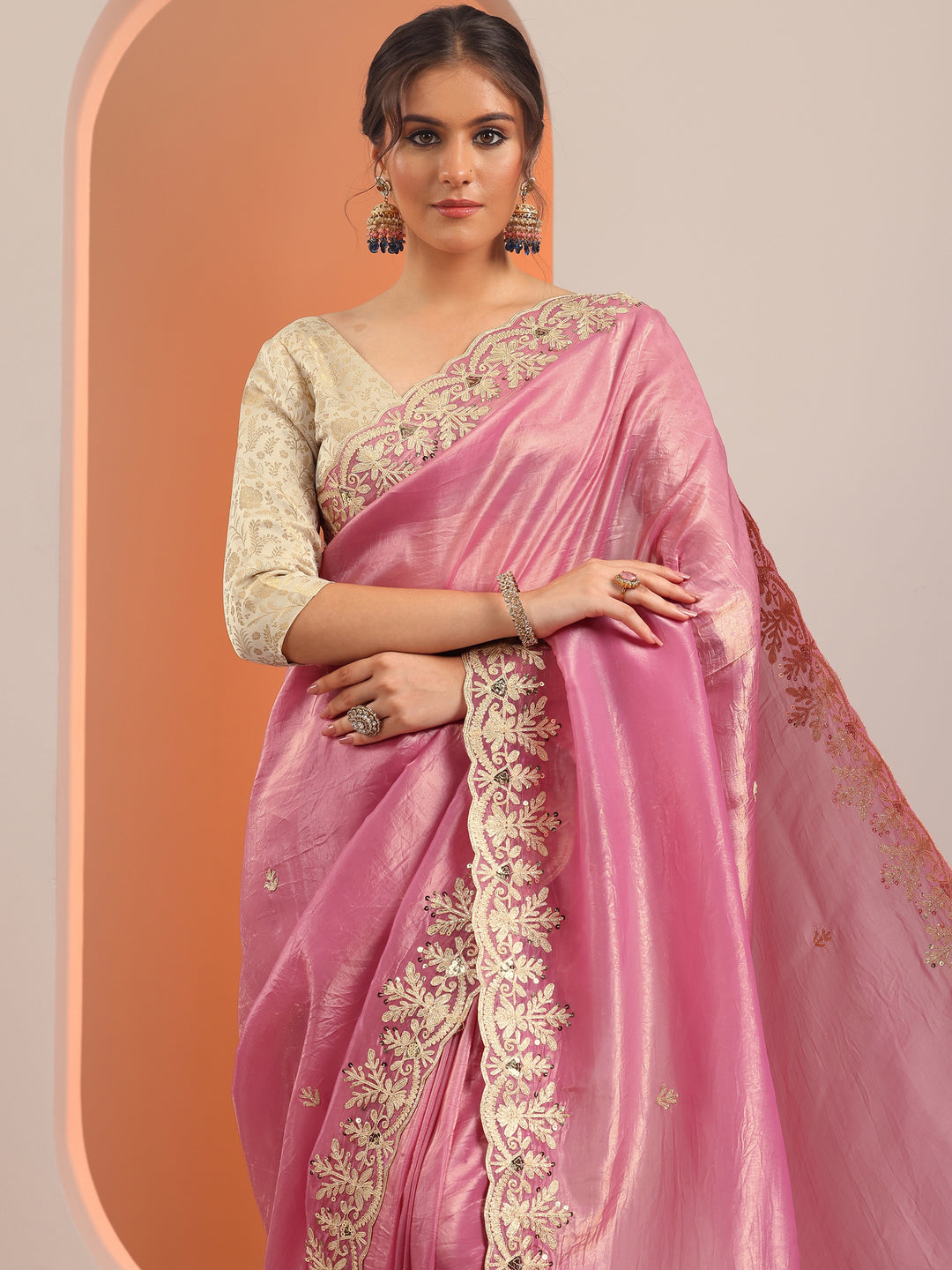  Pink Embroidered Organza Saree With Unstitched Blouse Piece 