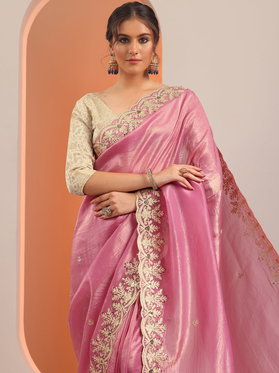  Pink Embroidered Organza Saree With Unstitched Blouse Piece 