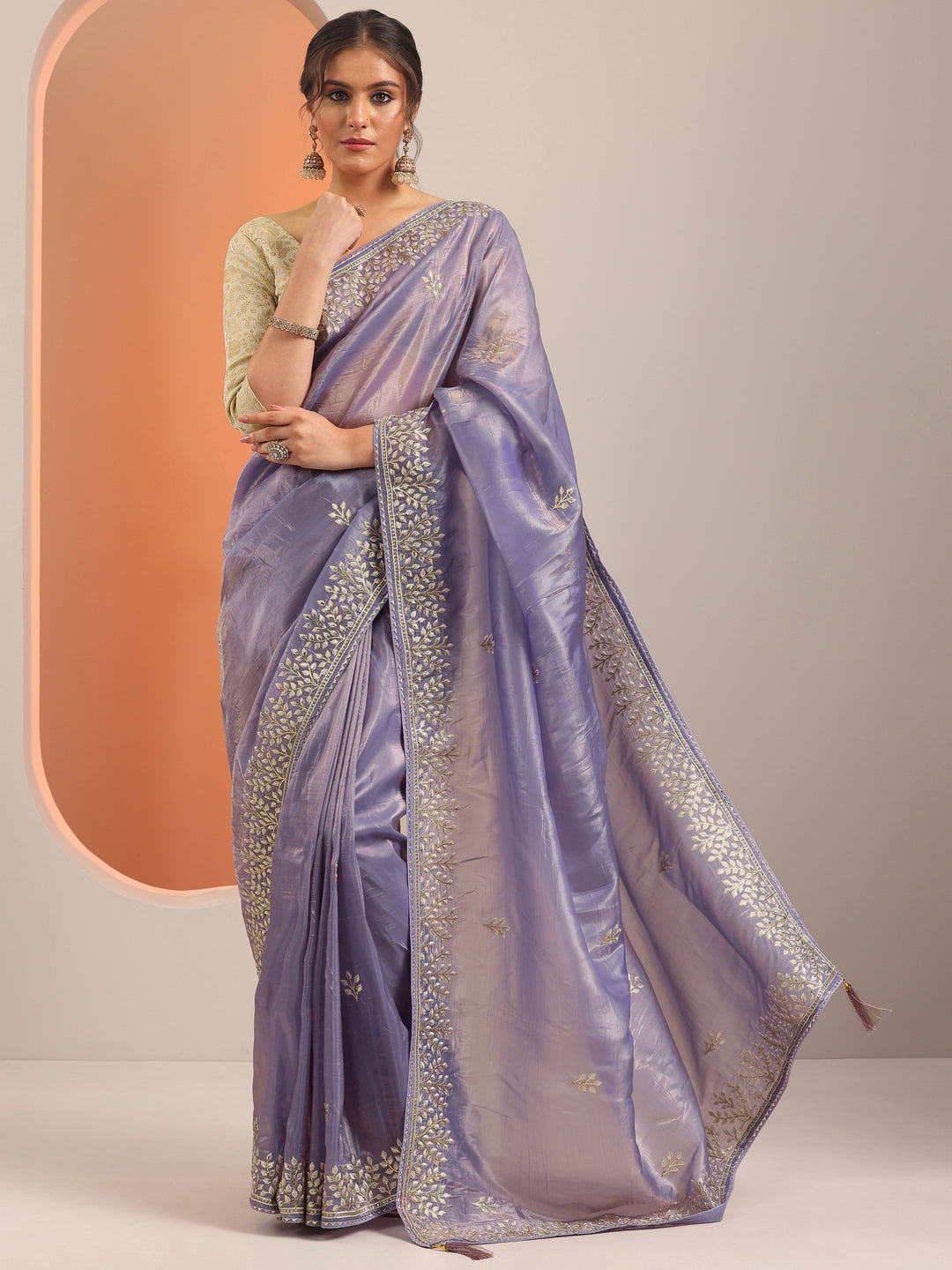  Lavender Embroidered Organza Saree With Unstitched Blouse Piece 