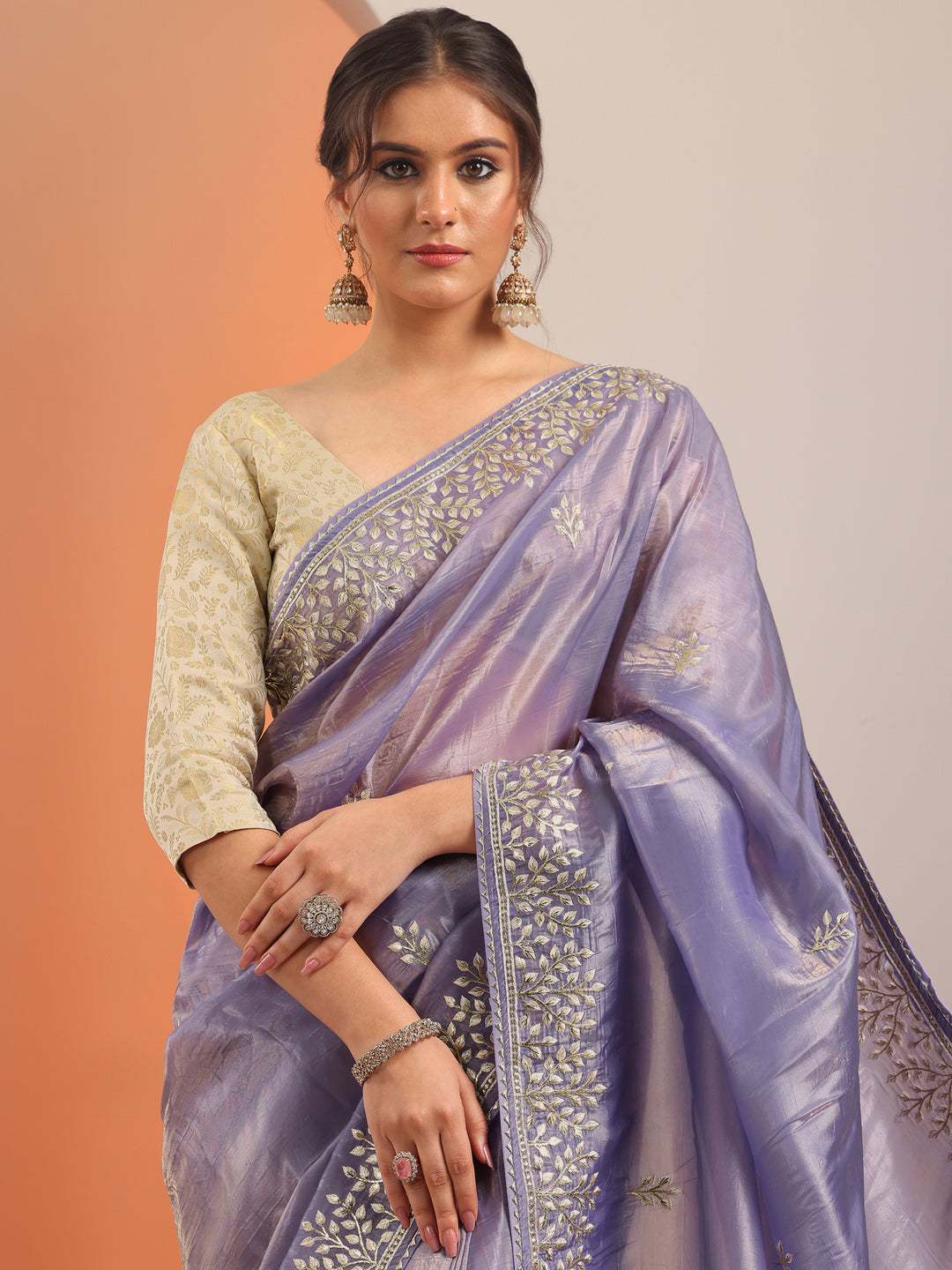  Lavender Embroidered Organza Saree With Unstitched Blouse Piece 