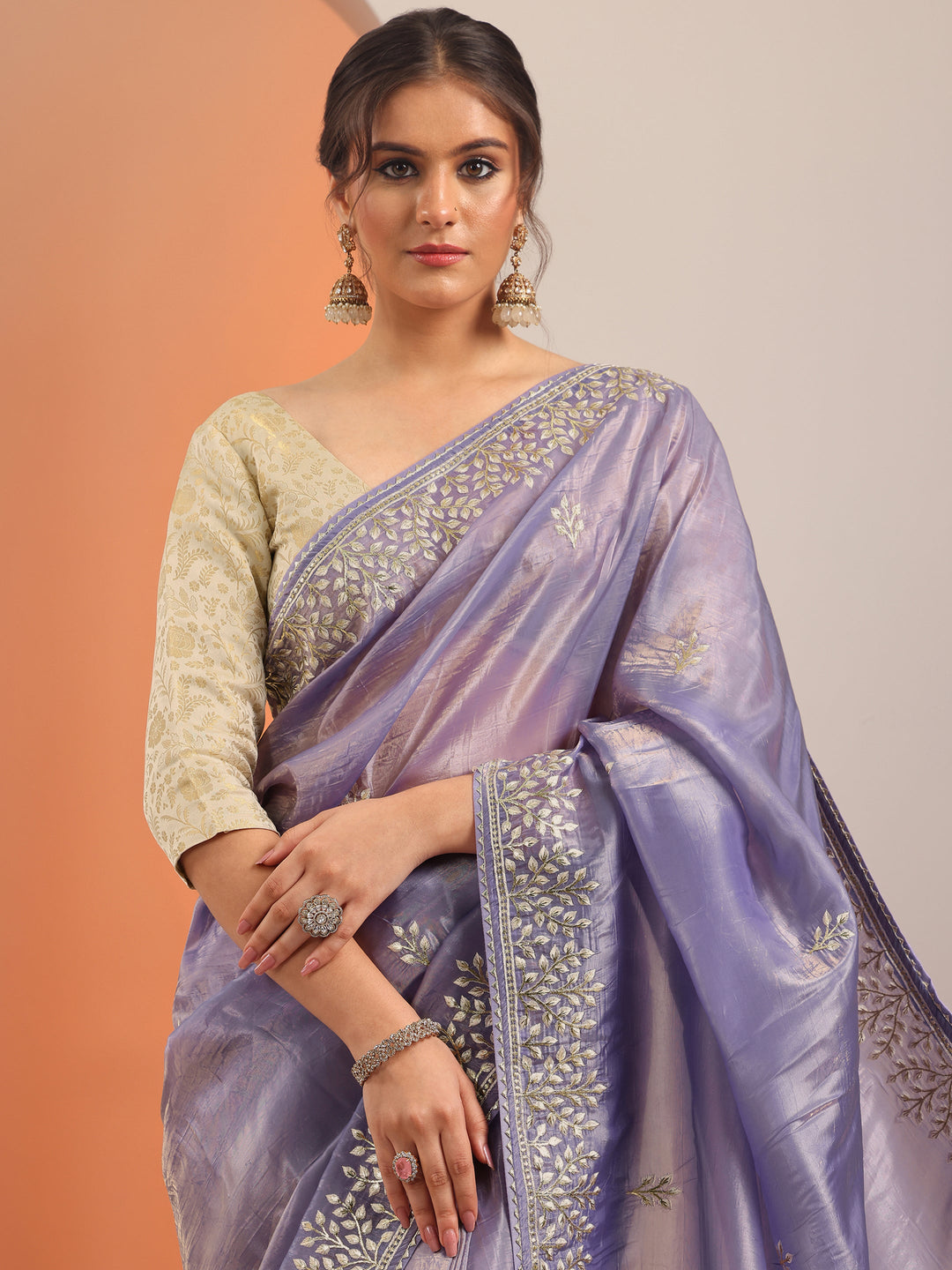  Lavender Embroidered Jimmy Choo Organza Saree With Unstitched Blouse Piece 