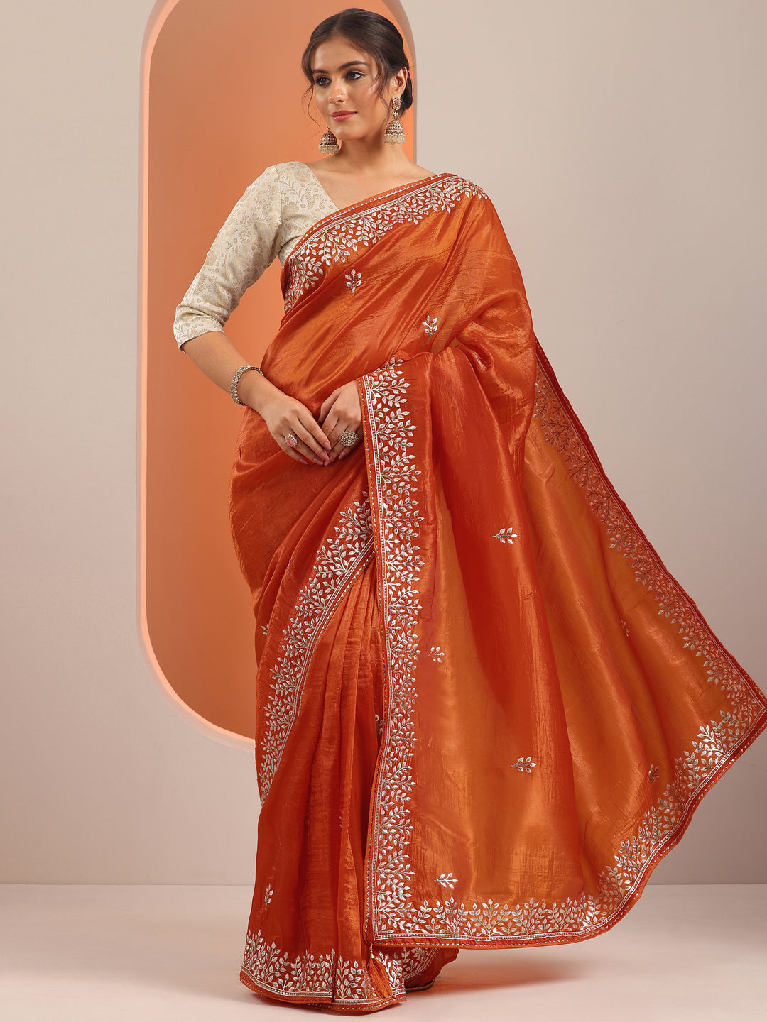 Orange Embroidered Organza Saree With Unstitched Blouse Piece 