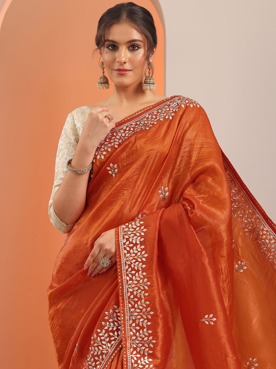  Orange Embroidered Organza Saree With Unstitched Blouse Piece 