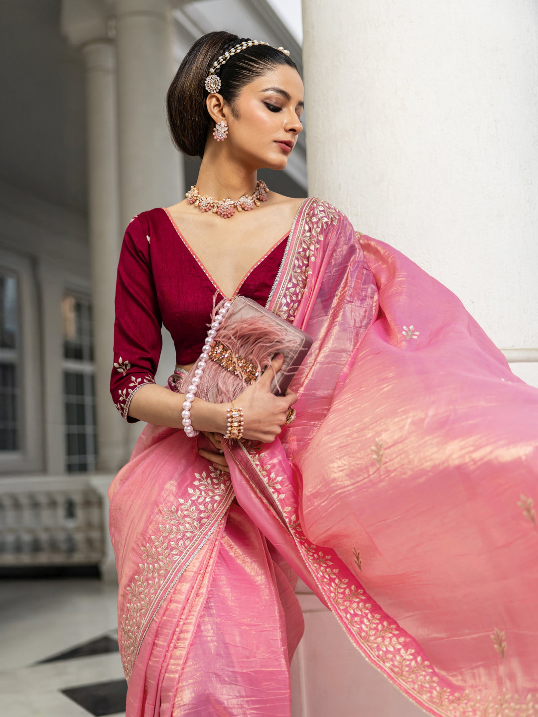  Pink Embroidered Organza Saree With Unstitched Blouse Piece 