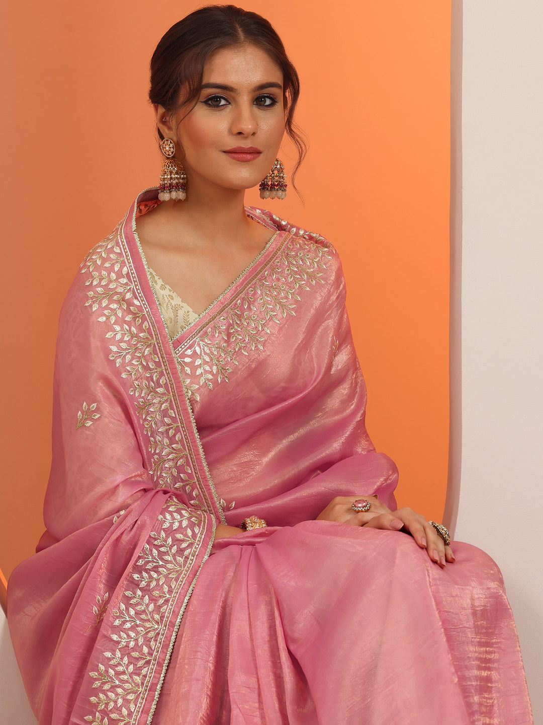  Pink Embroidered Organza Saree With Unstitched Blouse Piece 