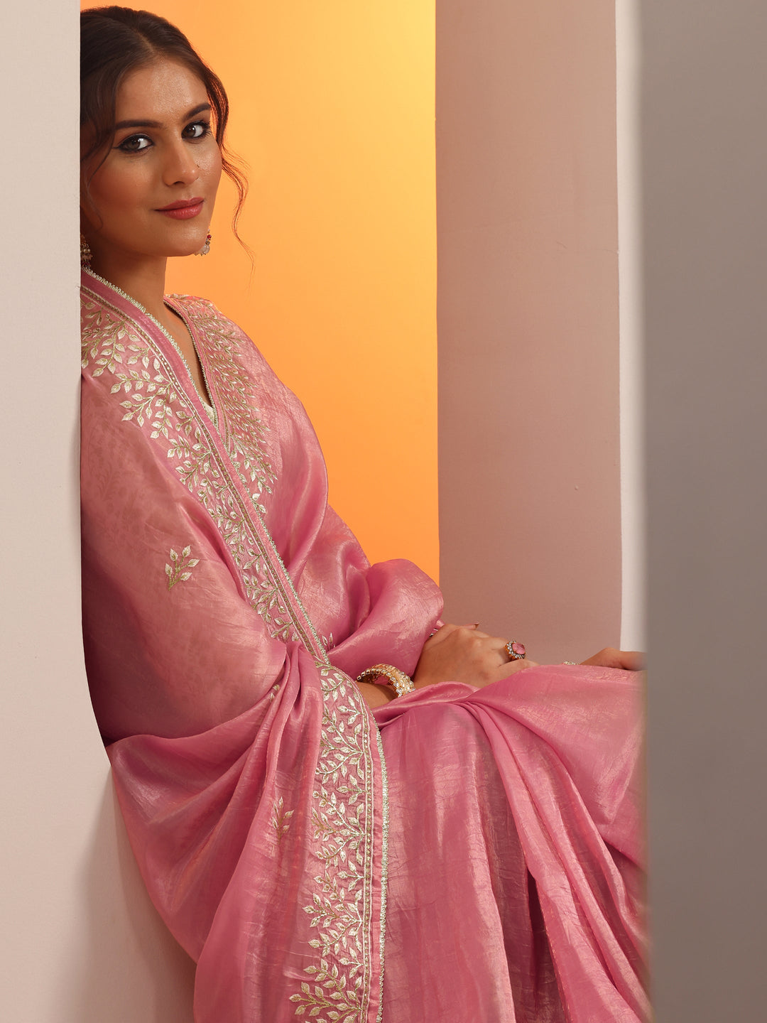  Pink Embroidered Organza Saree With Unstitched Blouse Piece 
