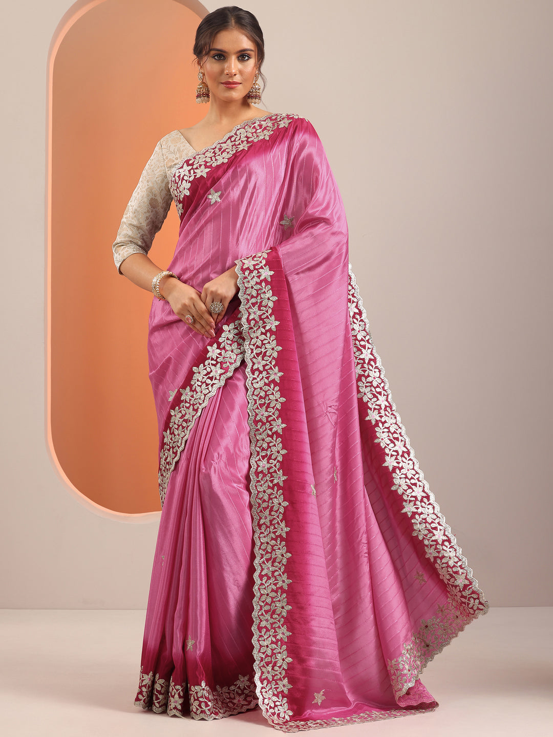 Pink Embellished Crepe Saree With Unstitched Blouse Piece 