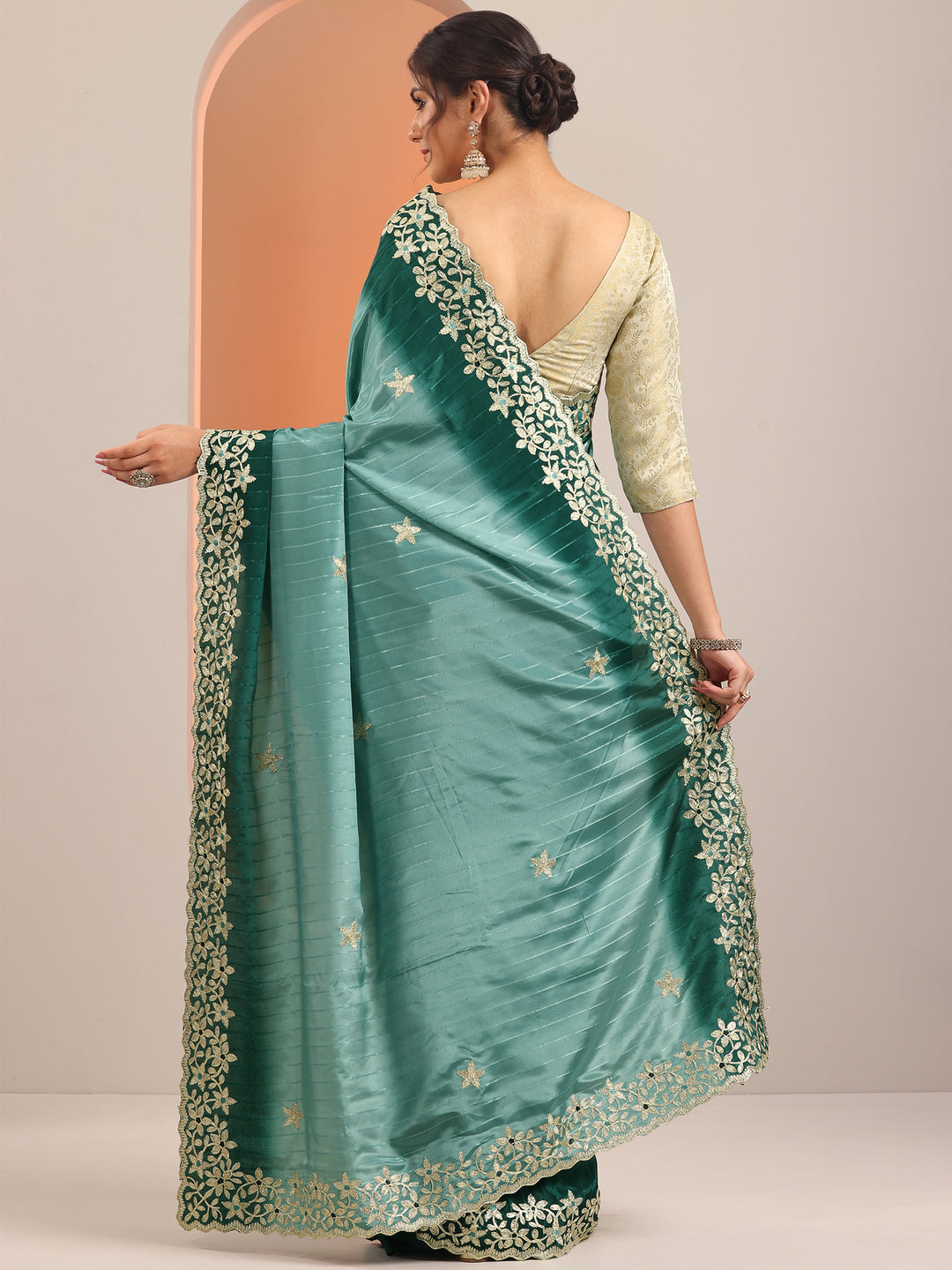  Blue Embellished Crepe Saree With Unstitched Blouse Piece 