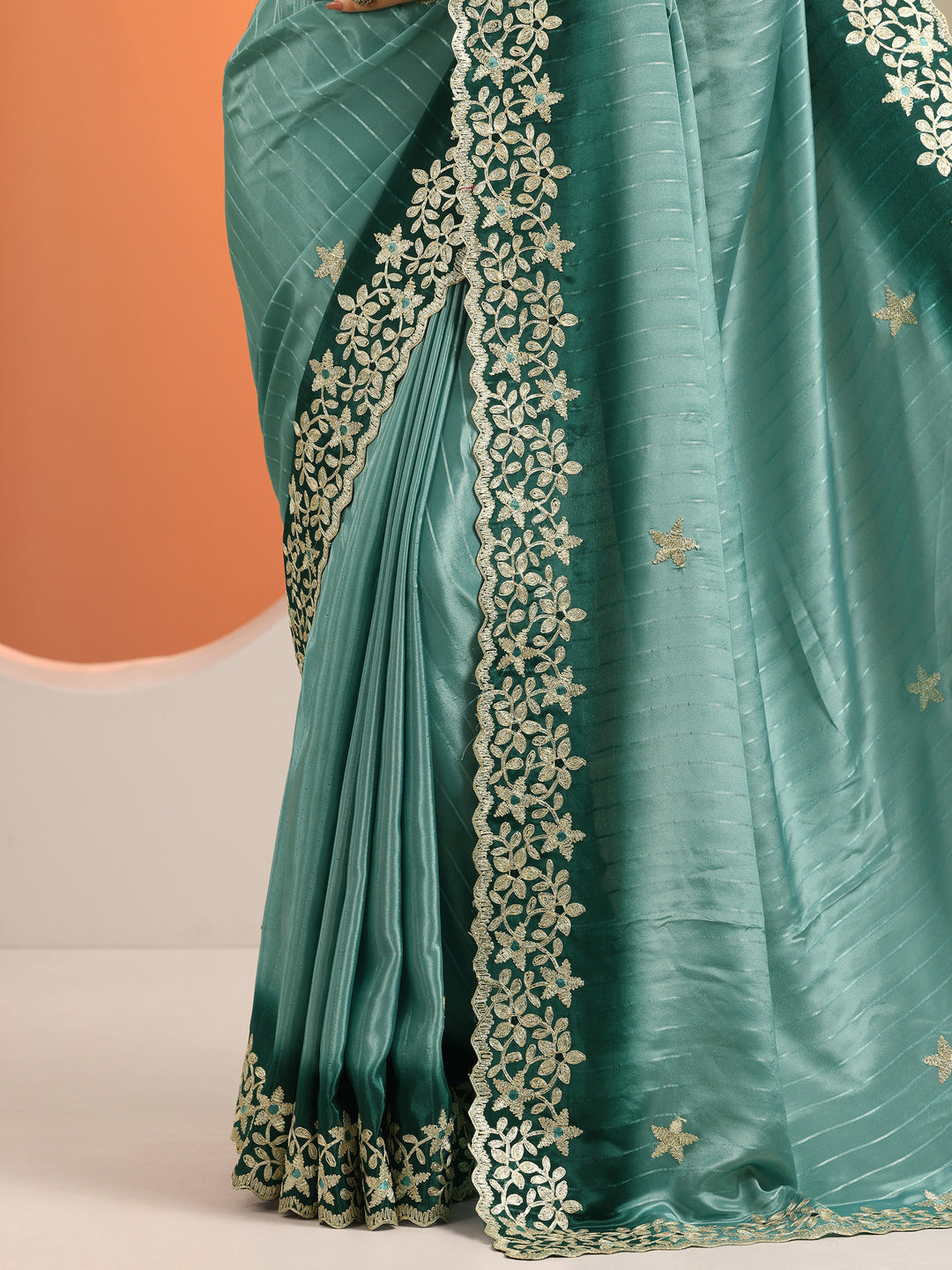  Blue Embellished Crepe Saree With Unstitched Blouse Piece 