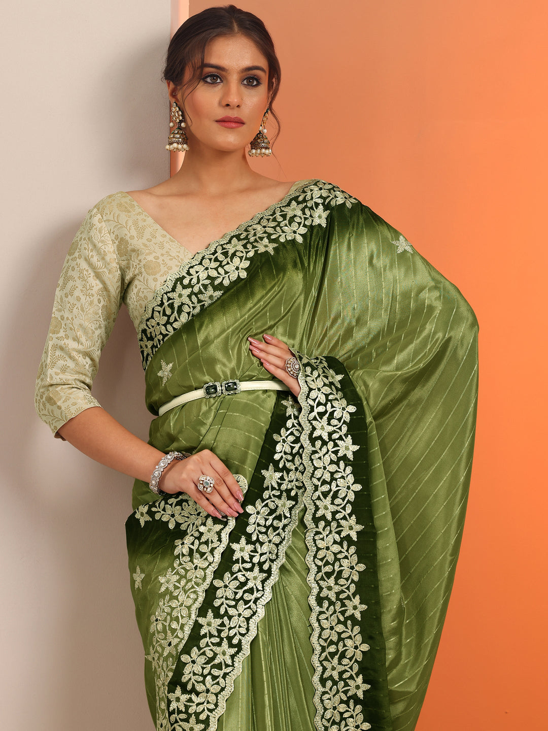  Green Embellished Crepe Saree With Unstitched Blouse Piece 