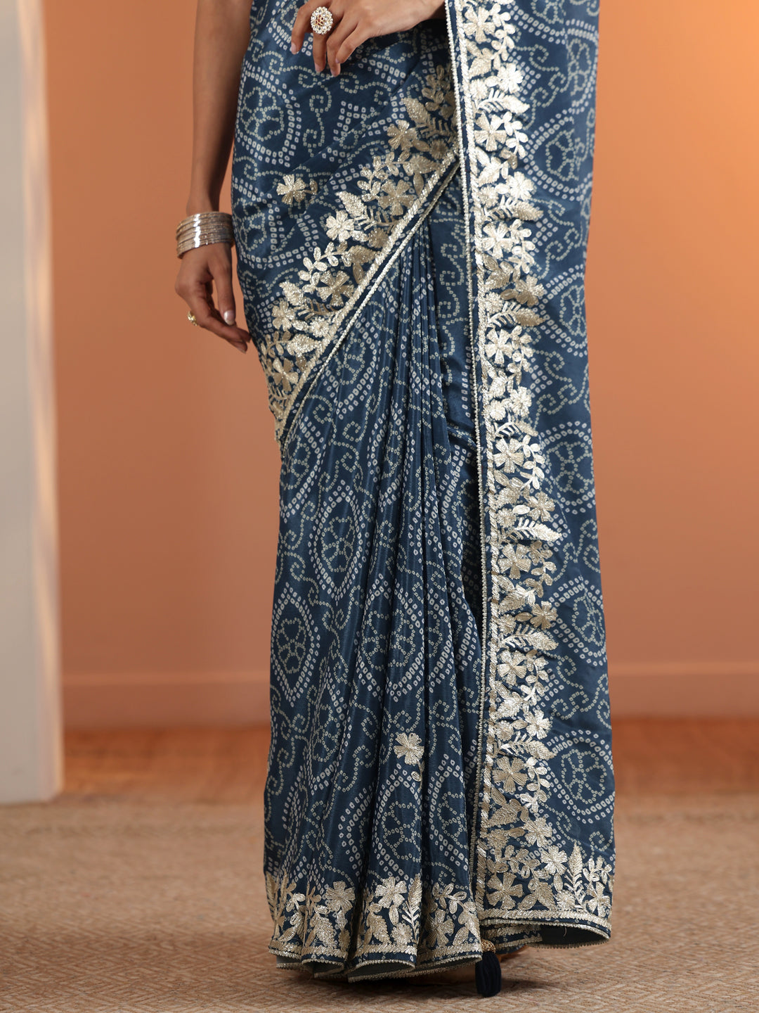  Blue Printed Chinon Saree With Unstitched Blouse Piece 