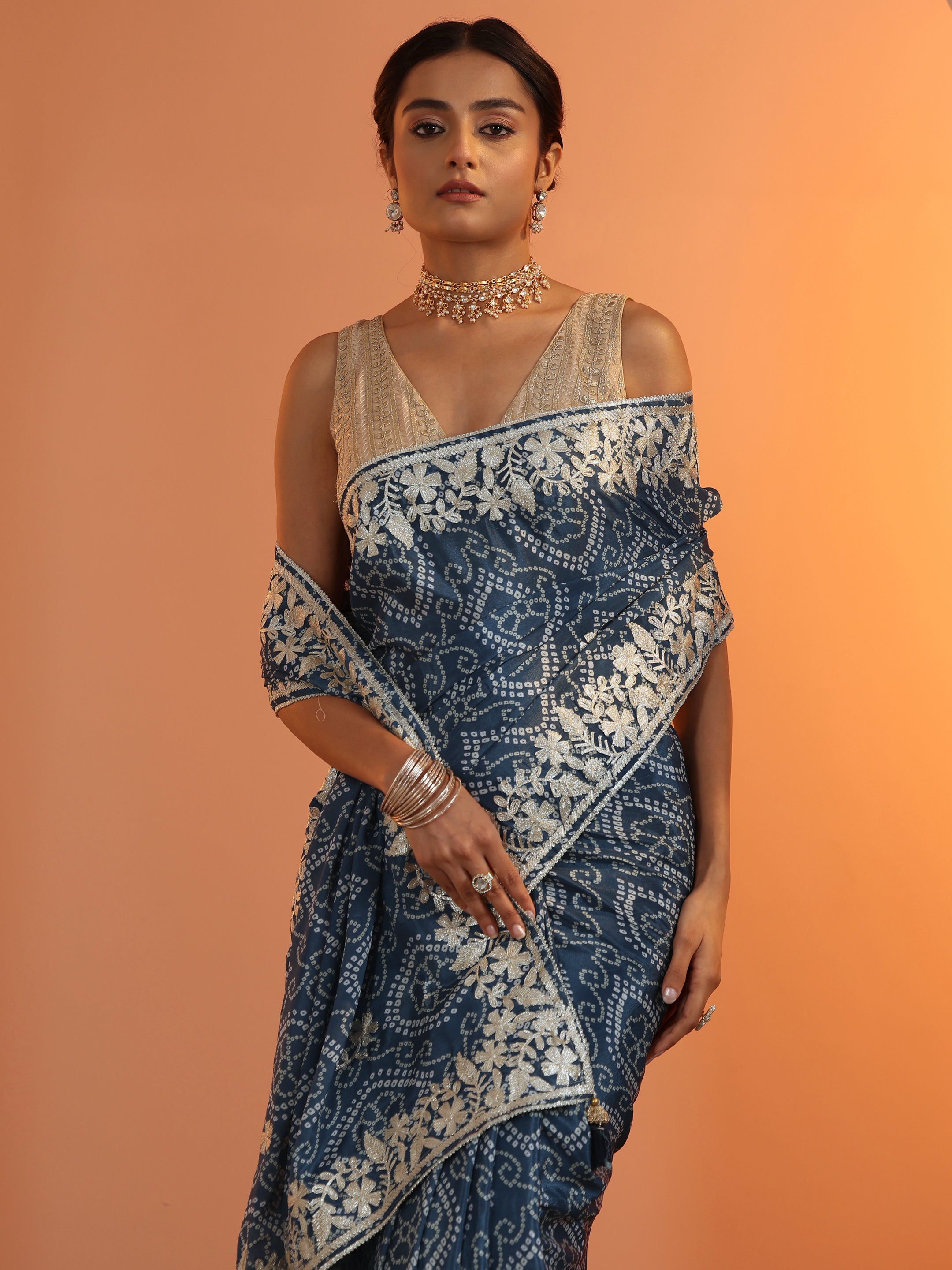Blue Bandhani Printed Chinon Saree With Unstitched Blouse Piece-image-38