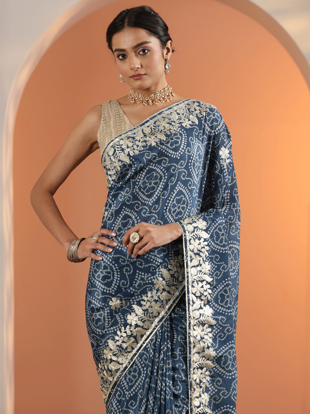  Blue Printed Chinon Saree With Unstitched Blouse Piece 