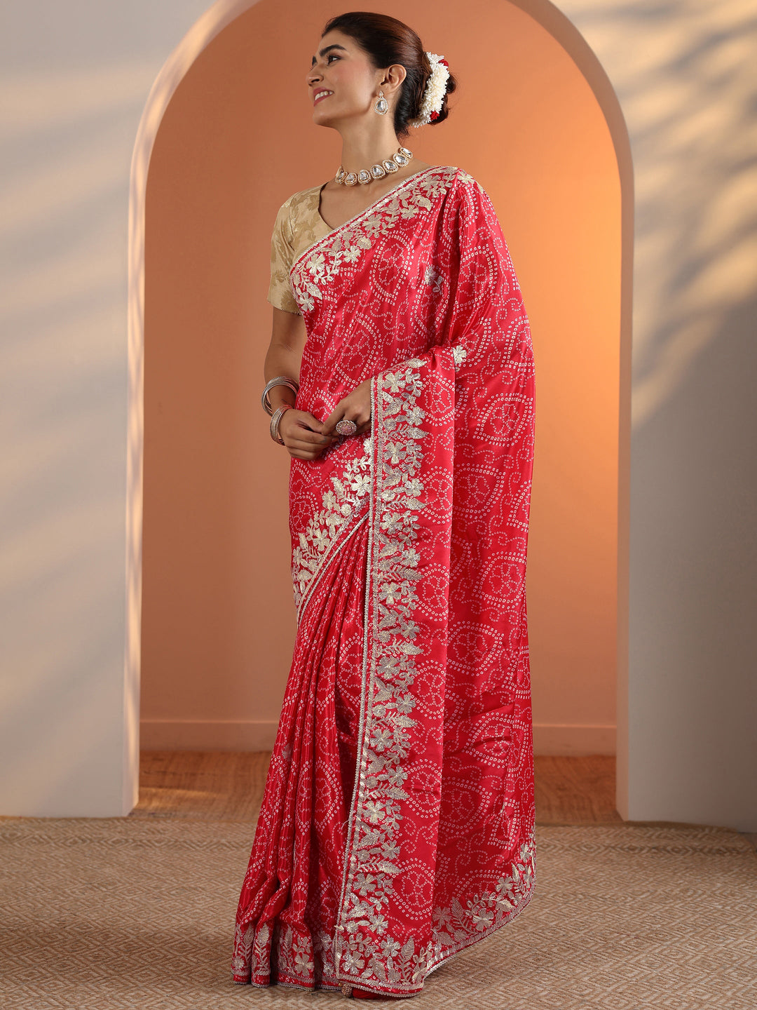  Red Bandhani Printed Chinon Saree With Unstitched Blouse Piece 