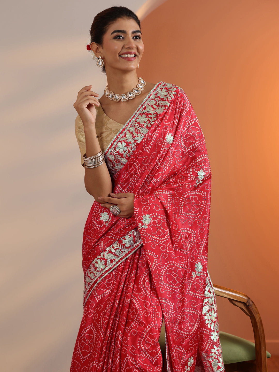  Red Bandhani Printed Chinon Saree With Unstitched Blouse Piece 