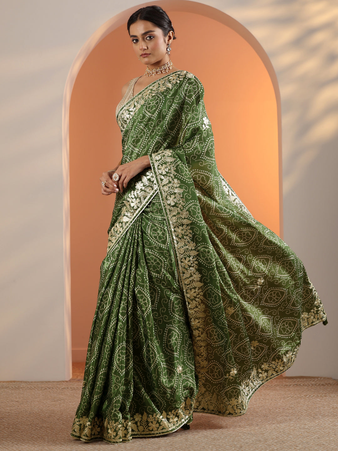  Olive Printed Chinon Saree With Unstitched Blouse Piece 