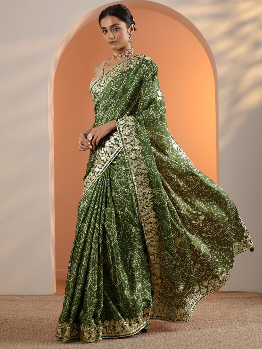  Olive Bandhani Printed Chinon Saree With Unstitched Blouse Piece 