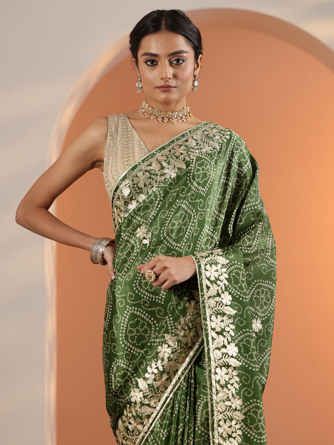  Olive Bandhani Printed Chinon Saree With Unstitched Blouse Piece 