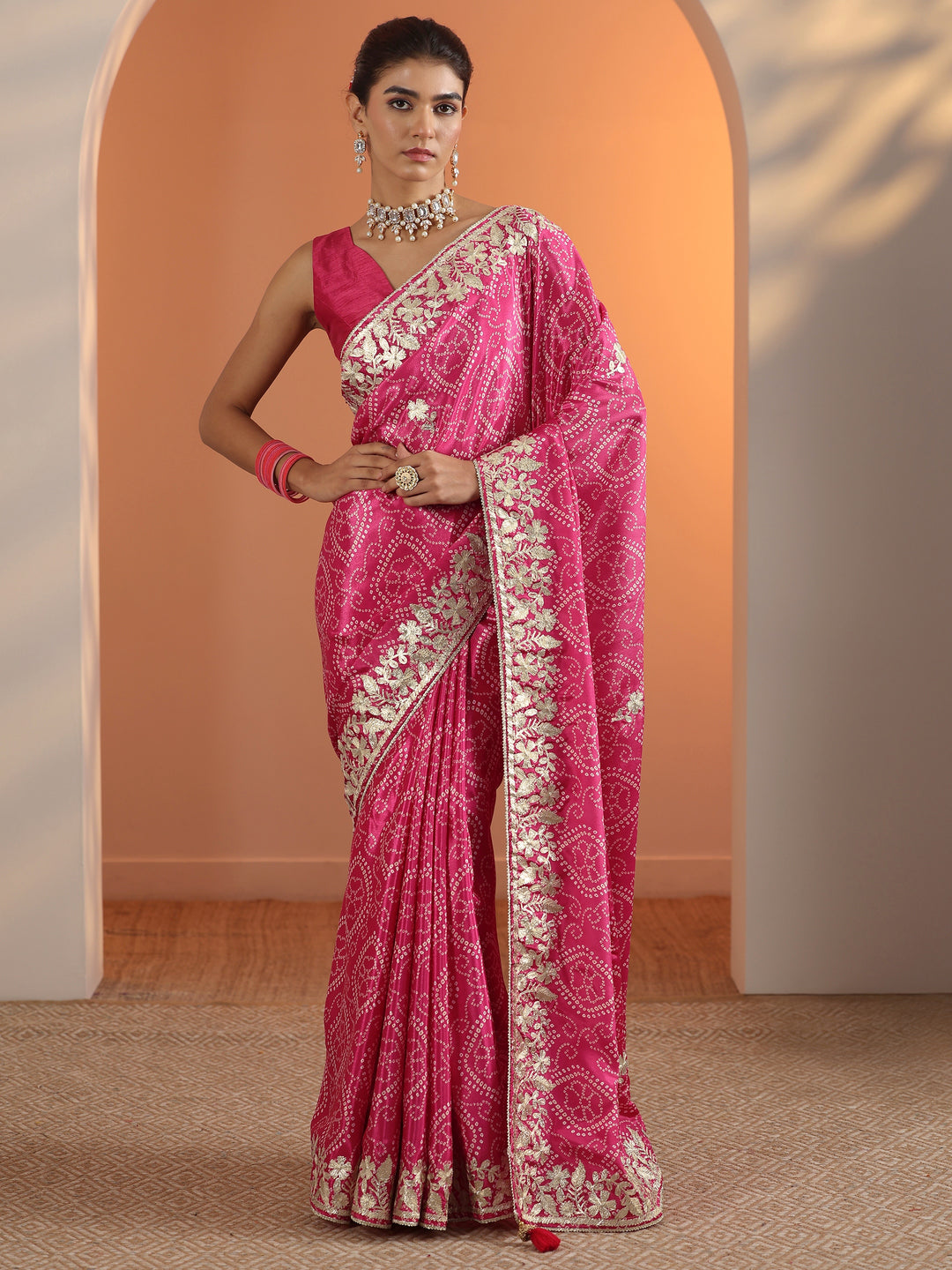 Pink Printed Chinon Saree With Unstitched Blouse Piece 