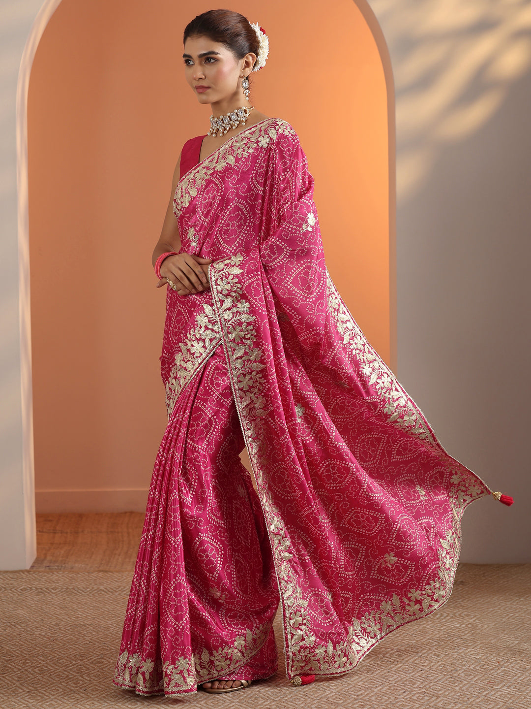  Pink Printed Chinon Saree With Unstitched Blouse Piece 