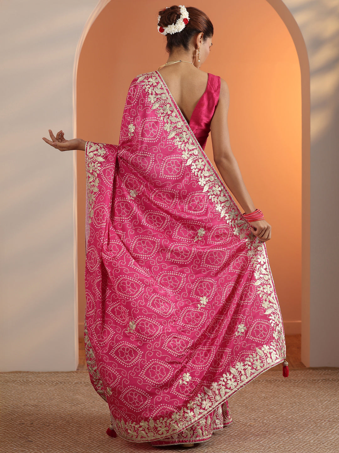  Pink Printed Chinon Saree With Unstitched Blouse Piece 